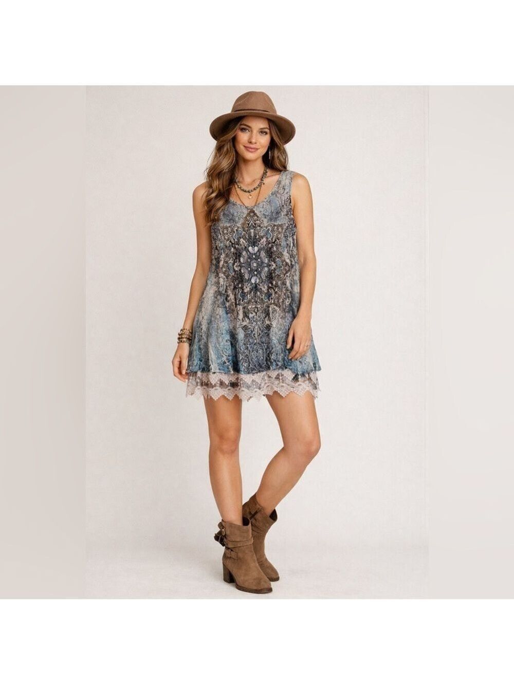 Origami Sleeveless Boho Tunic Dress Lace Hem Blue Print Size Small Festival